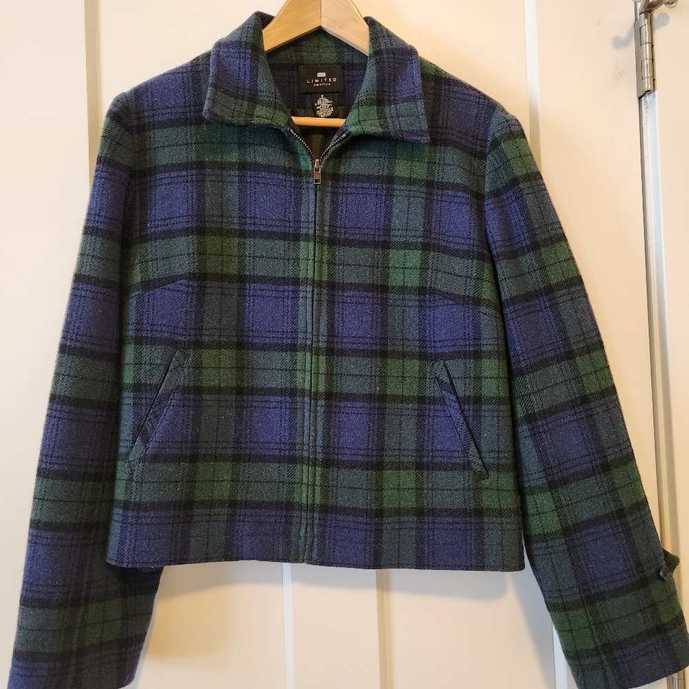 Black/green/blue plaid zipfront blazer womens sz Small